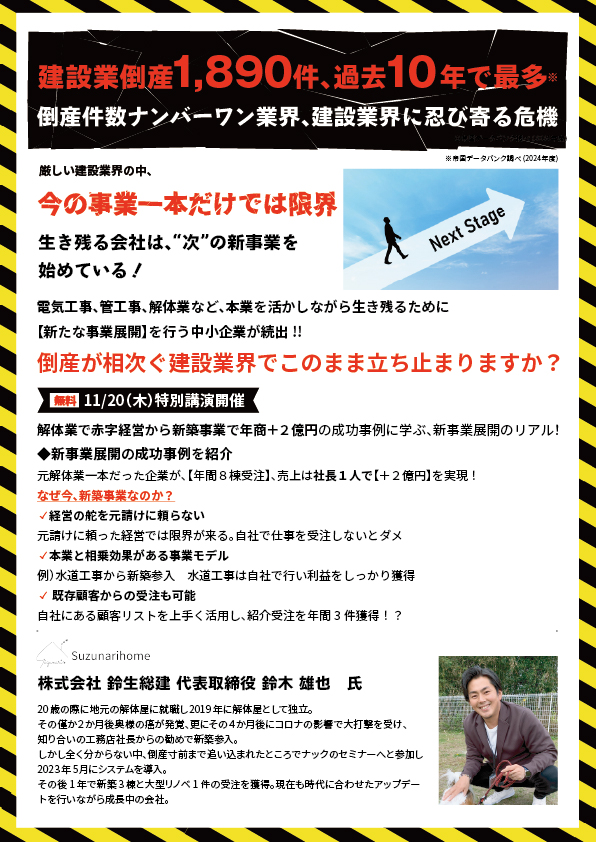 建設業倒産1,890件、過去10年で最多